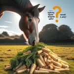 Curious horse sniffing at fresh parsnips in a sunny field, representing the exploration of equine nutrition and safety for the article 'Can Horses Eat Parsnips?